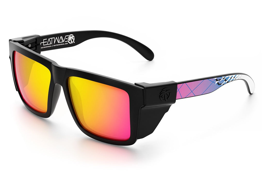 Heat Wave Visual XL Vise Sunglasses with black frame, standup print arms, tropic pink yellow lenses and black side shields.