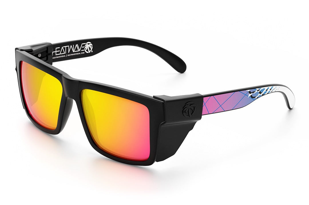 Heat Wave Visual Vise Z87 Sunglasses with black frame, standup print arms, tropic pink yellow lenses and black side shields.