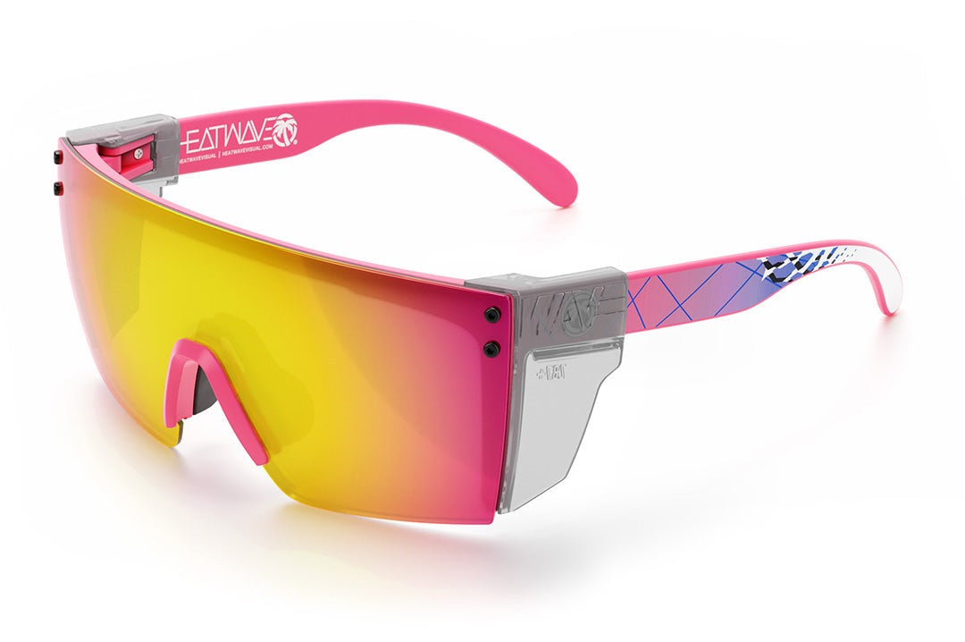 Heat Wave Visual Lazer Face Z87 Sunglasses with pink frame, standup print arms, spectrum pink yellow lens and clear side shields.