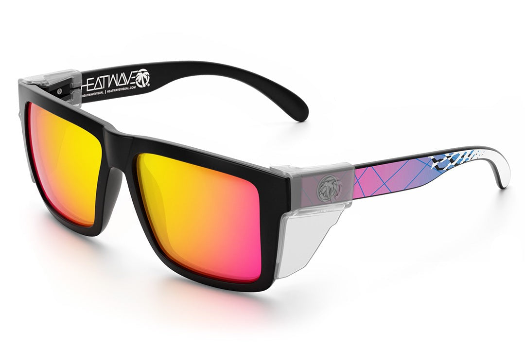 Heat Wave Visual XL Vise Sunglasses with black frame, standup print arms, tropic pink yellow lenses and clear side shields.