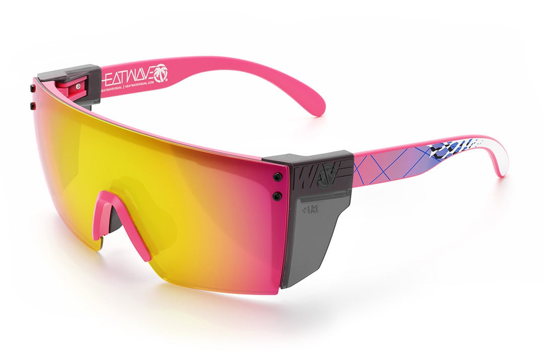 Heat Wave Visual Lazer Face Z87 Sunglasses with pink frame, standup print arms, spectrum pink yellow lens and smoke side shields.