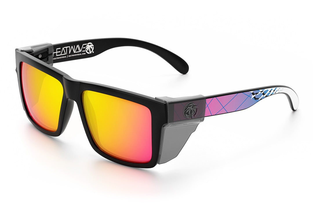 Heat Wave Visual Vise Z87 Sunglasses with black frame, standup print arms, tropic pink yellow lenses and smoke side shields.