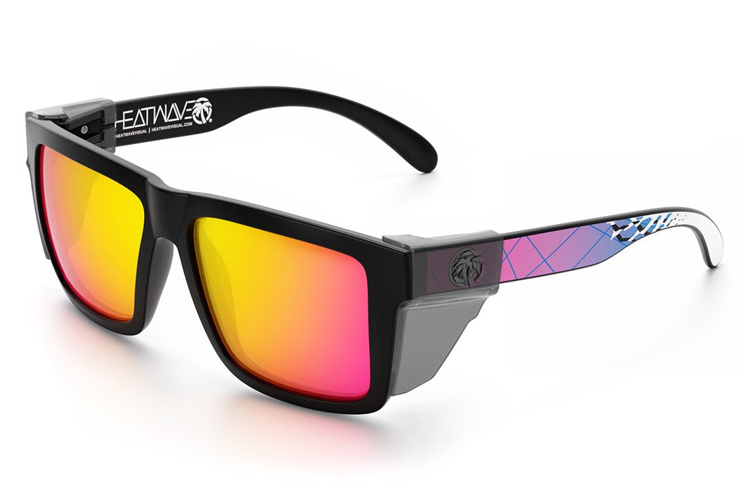 Heat Wave Visual XL Vise Sunglasses with black frame, standup print arms, tropic pink yellow lenses and smoke side shields.