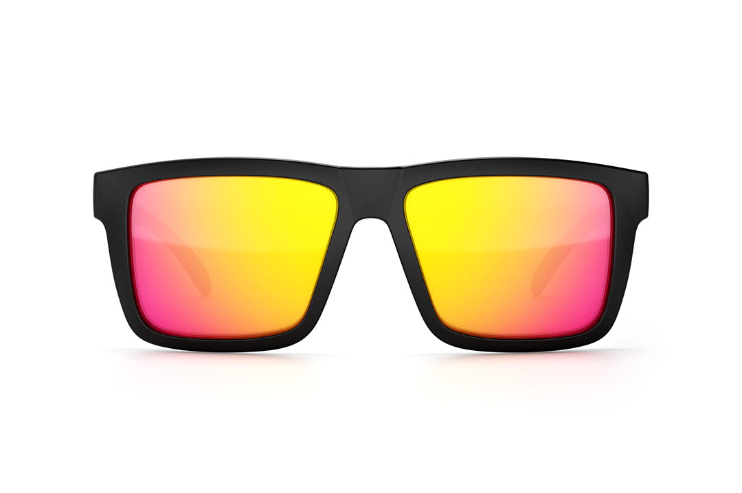 Front view of Heat Wave Visual XL Vise Sunglasses with black frame, standup print arms and tropic pink yellow lenses.