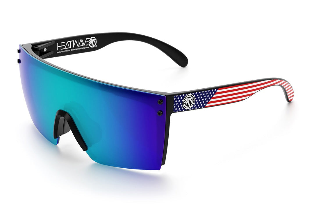 Heat Wave Visual Lazer Face Z87 Sunglasses with black frame, USA print arms and galaxy blue lens.