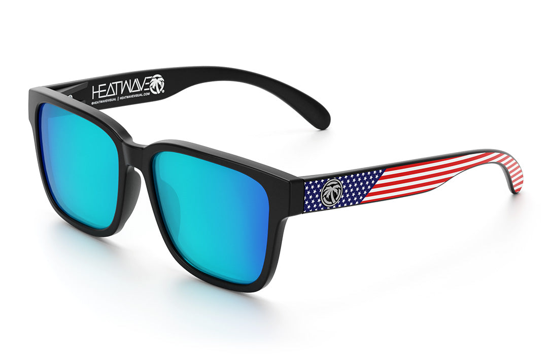 Heat Wave Visual Apollo Sunglasses with black frame, USA print arms and galaxy blue lenses.