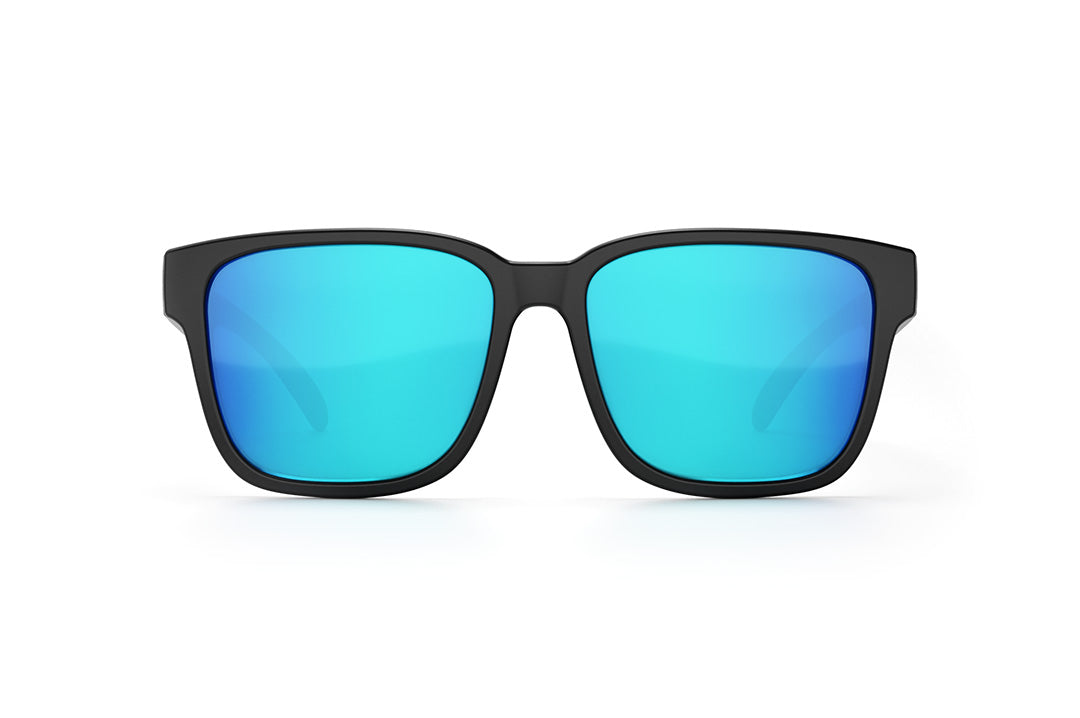Front of Heat Wave Visual Apollo Sunglasses with black frame, USA print arms and galaxy blue lenses.