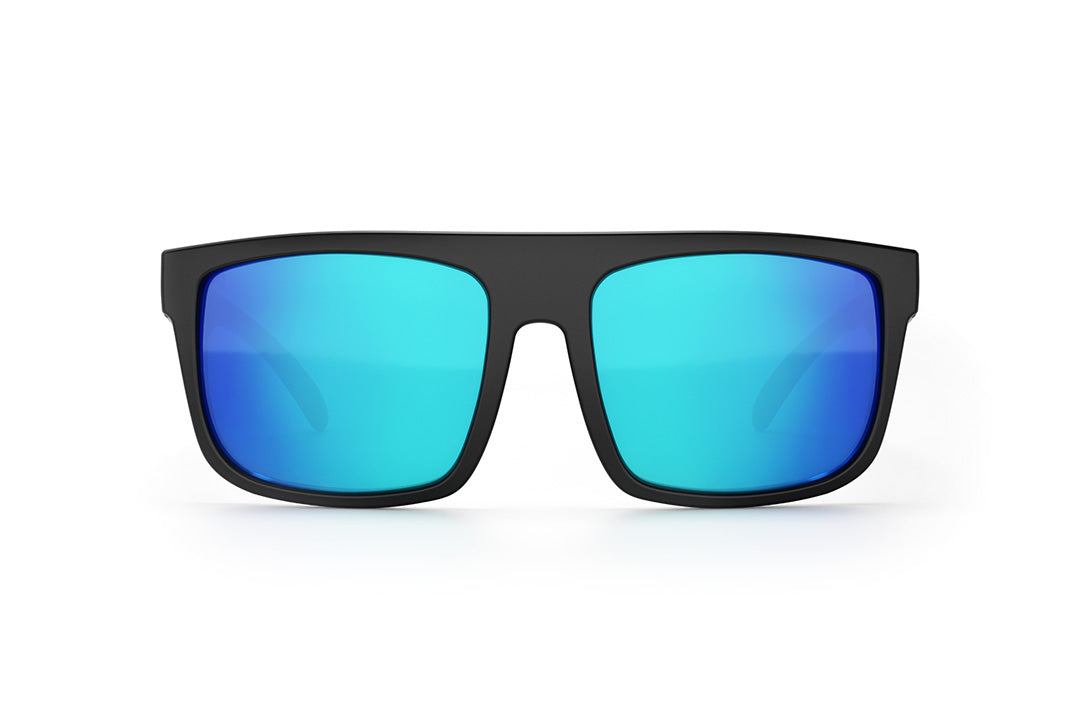 Front of Heat Wave Visual Regulator Sunglasses with black frame with static print arms and galaxy blue lenses.