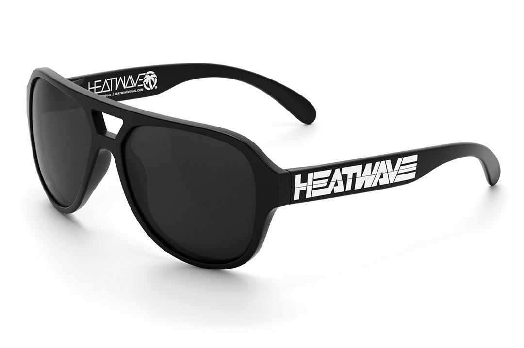 Heat Wave Visual Supercat Sunglasses with black frame, white billboard logo print arms and black lens.