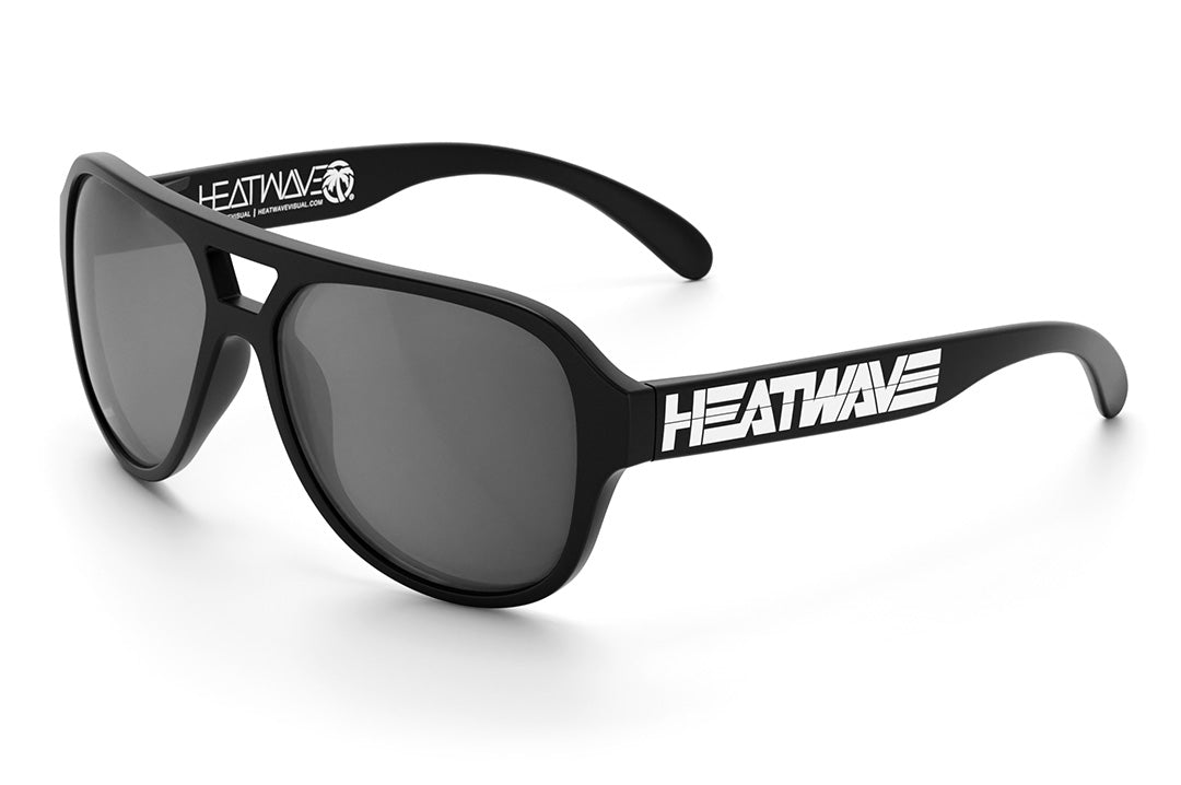 Heat Wave Visual Supercat Sunglasses with black frame, white billboard logo print arms and silver lens.