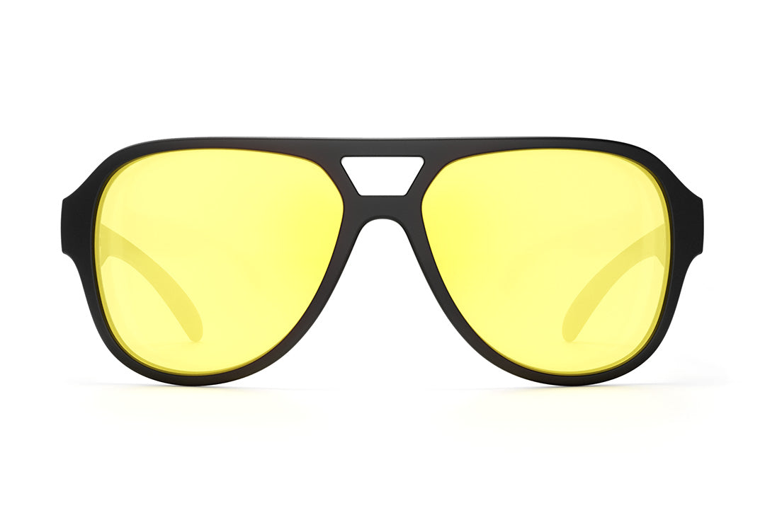 Front of Heat Wave Visual Supercat Sunglasses with black frame and hi vis yellow lenses and extra clear lenses.