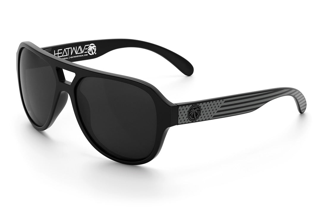 Heat Wave Visual Supercat Sunglasses with black frame, socom print arms and black lenses.