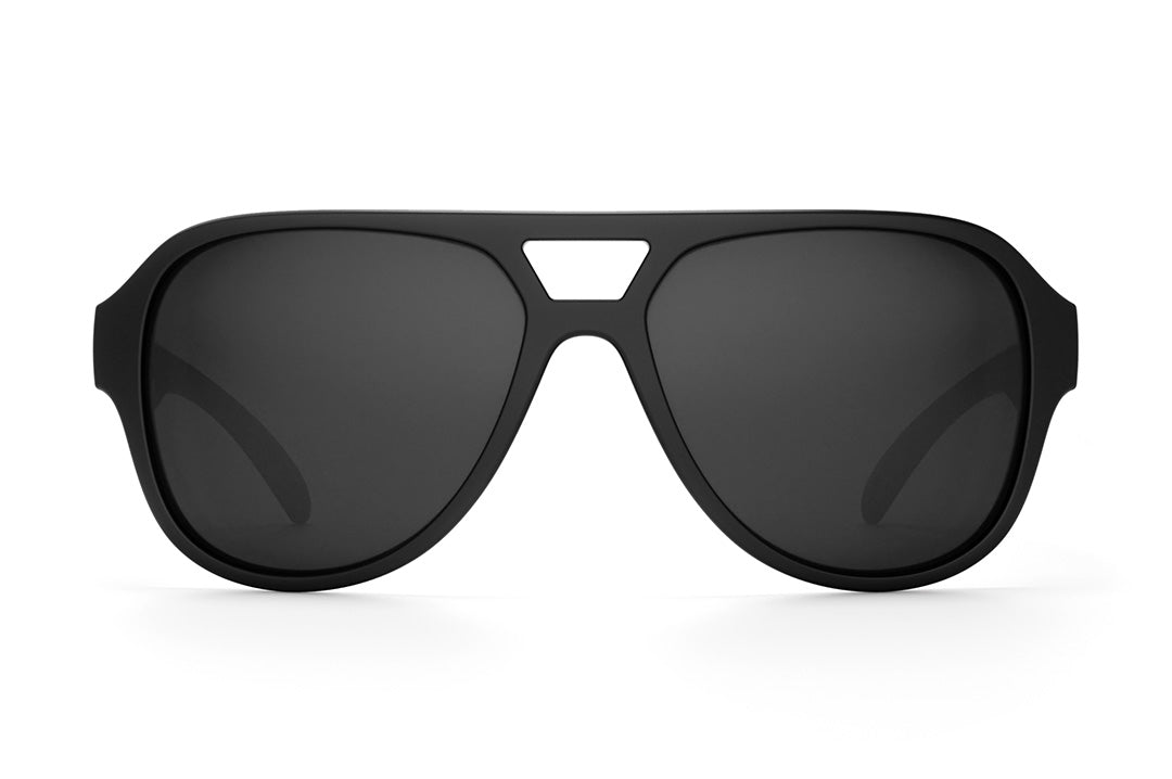 Front of Heat Wave Visual Supercat Sunglasses with black frame, socom print arms and black lenses.