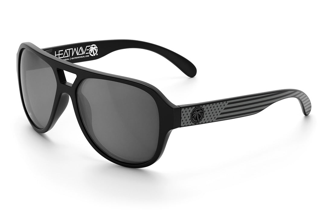 Heat Wave Visual Supercat Sunglasses with black frame, socom print arms and silver lenses.