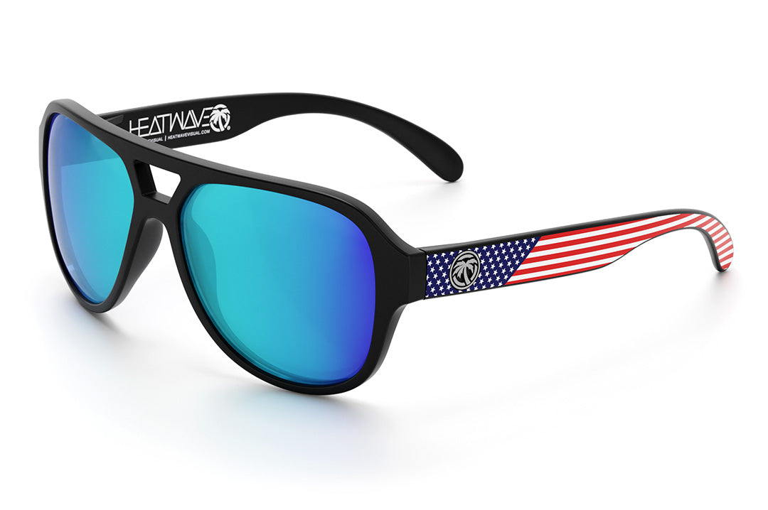 Heat Wave Visual Supercat Sunglasses with black frame, USA print arms and galaxy blue lenses.