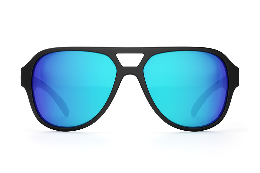 Front of Heat Wave Visual Supercat Sunglasses with black frame, USA print arms and galaxy blue lenses.