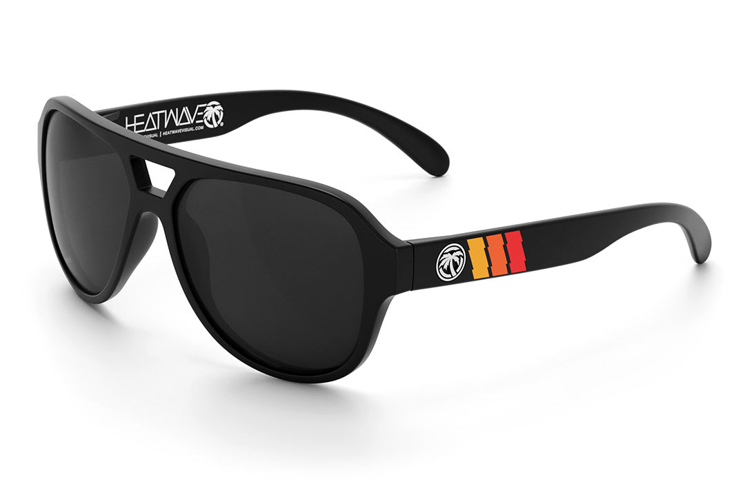 Heat Wave Visual Supercat Sunglasses with black frame, turbo stripe print arms and black lenses.