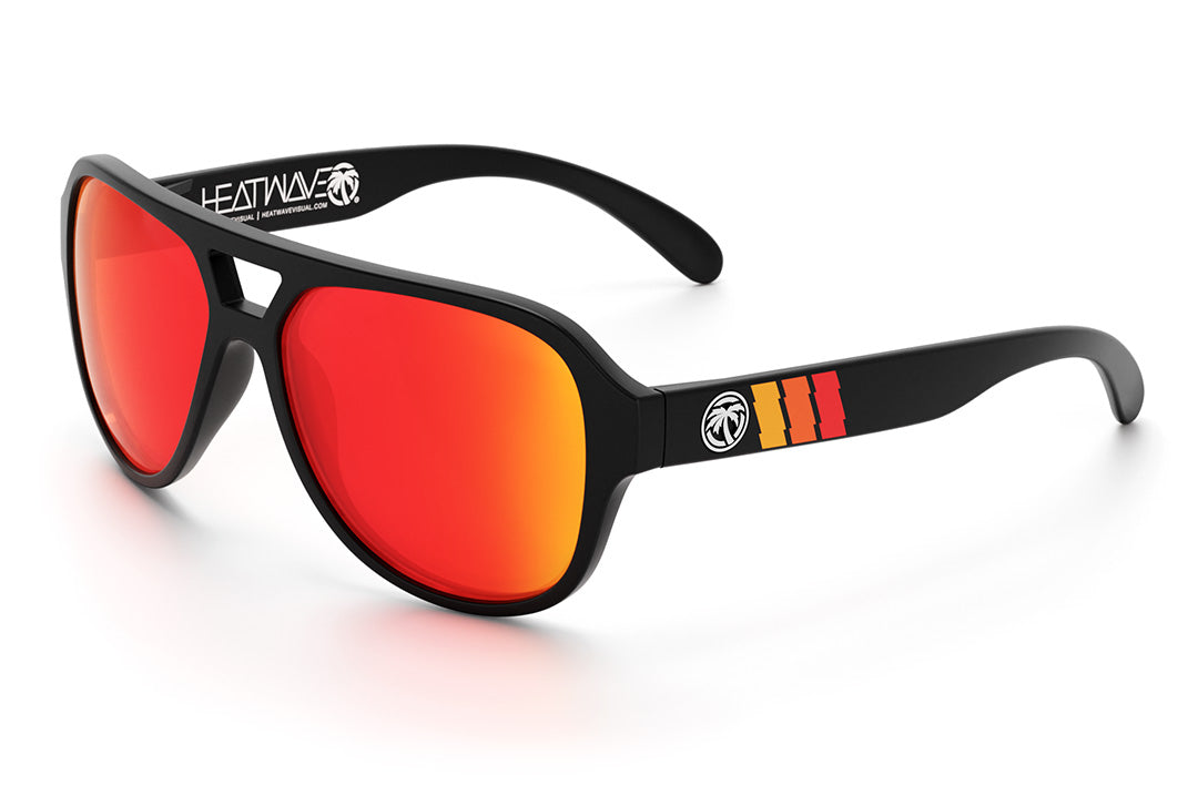 Heat Wave Visual Supercat Sunglasses with black frame, turbo stripe print arms and sunblast orange yellow lenses.