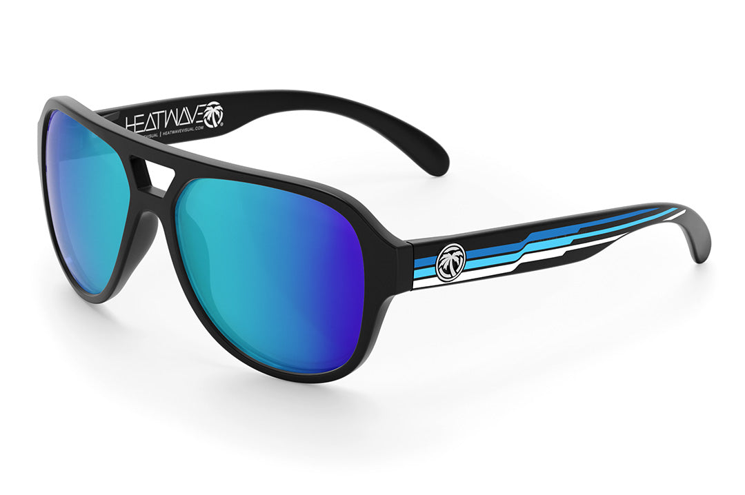 Heat Wave Visual Supercat Sunglasses with black frame, side stripe blue print arms and galaxy blue lenses.