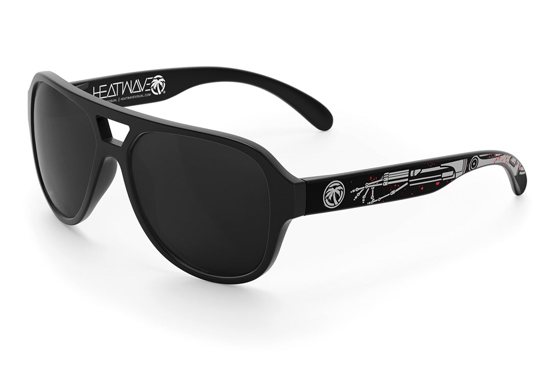 Heat Wave Visual Supercat Sunglasses with black frame, tech noir print arms and black lenses.