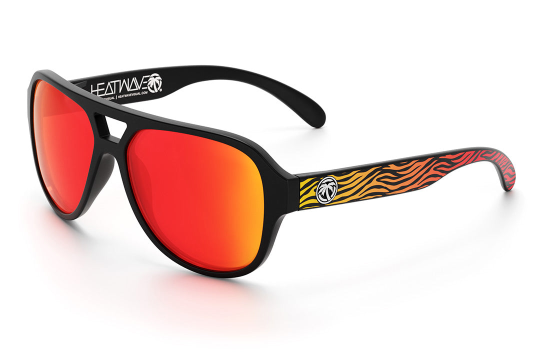 Heat Wave Visual Supercat Sunglasses with black frame, tiger fire arms and sunblast orange lenses.