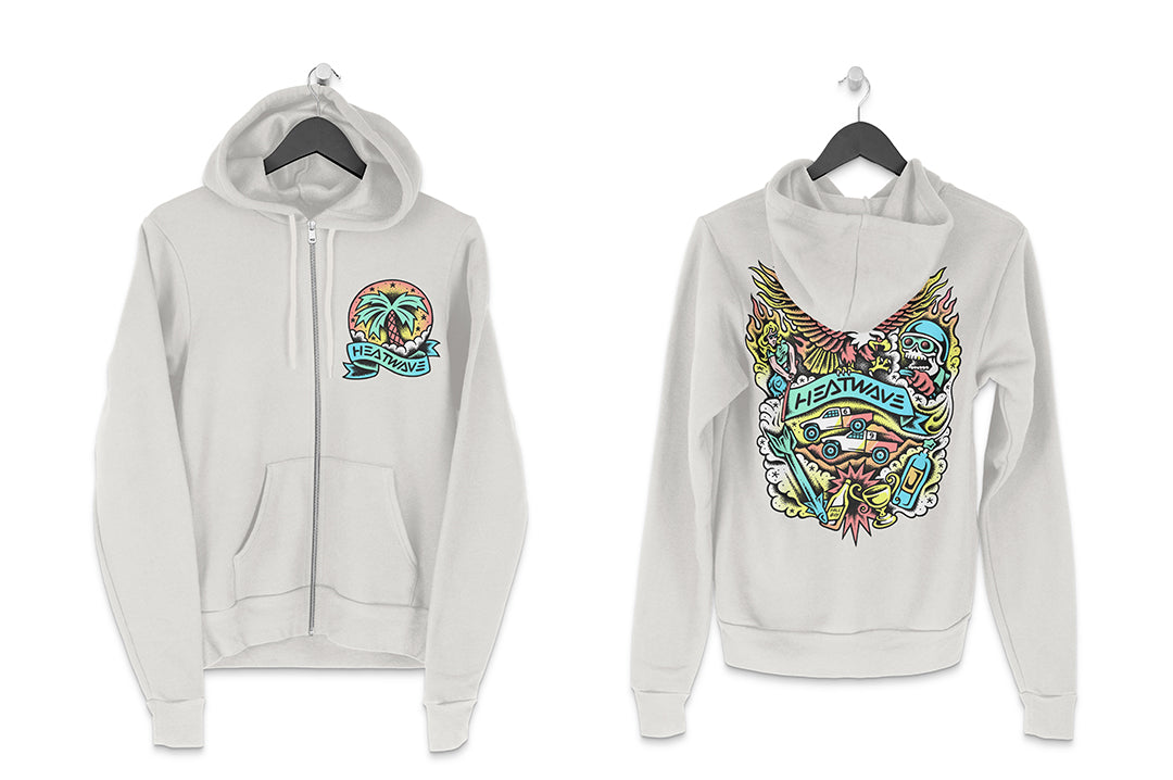 Front and back of the Heat Wave x Tall Boy Flash Ladies Oversized Zip Sweatshirt - White on a white background