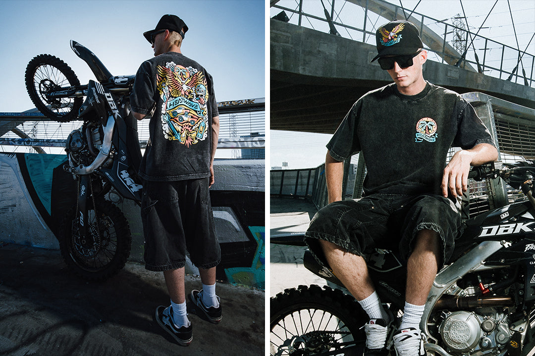 Man wearing the Heat Wave x Tall Boy Flash T-Shirt - Black showing the front and back