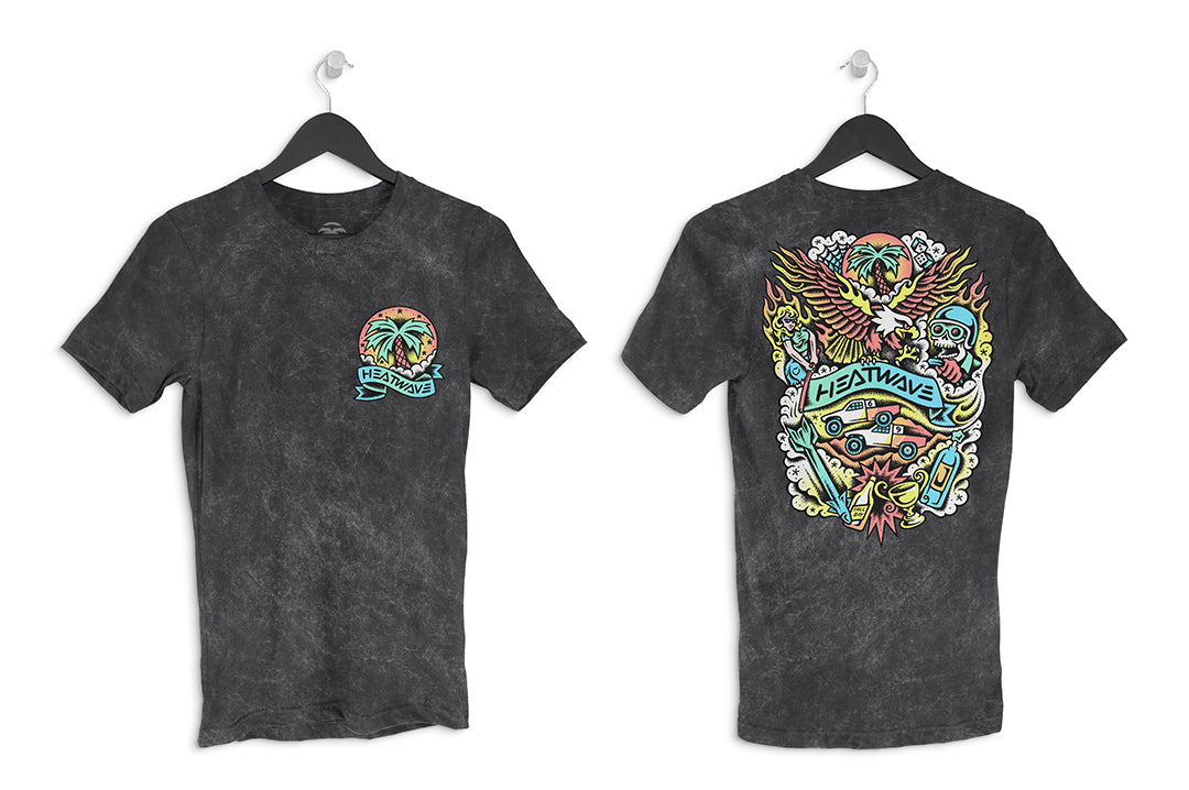 Front and back of the Heat Wave x Tall Boy Flash T-Shirt - Black on a white background