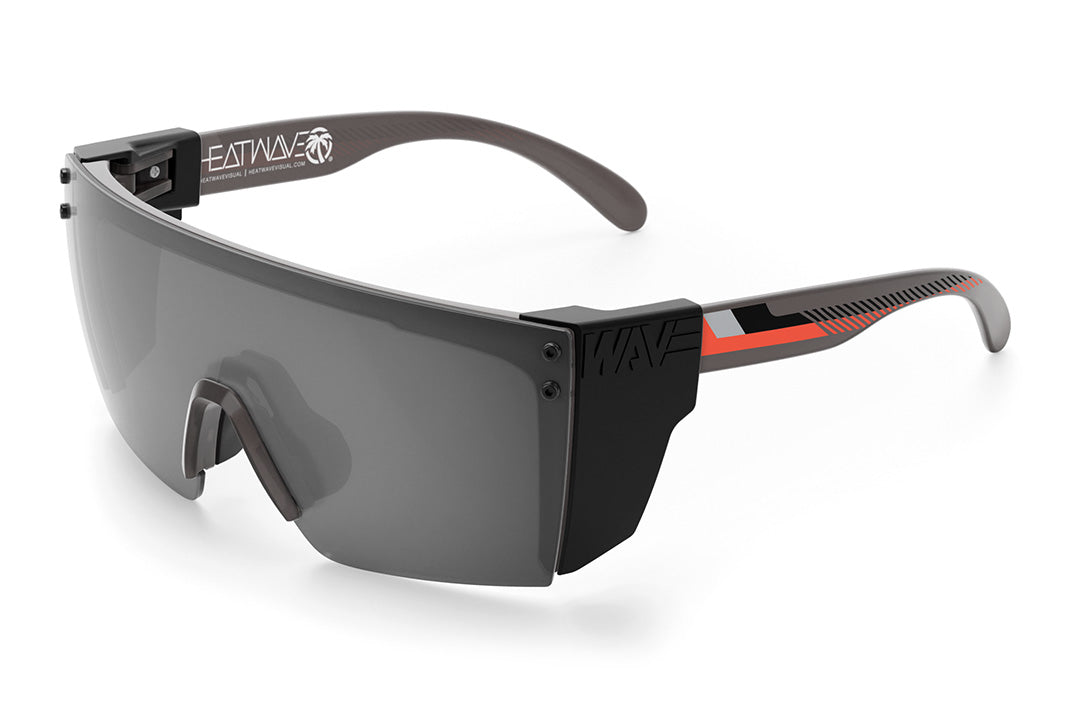 Heat Wave Visual Lazer Face Sunglasses with frosted smoke frame, ring ring arms, silver lens and black side shields. 