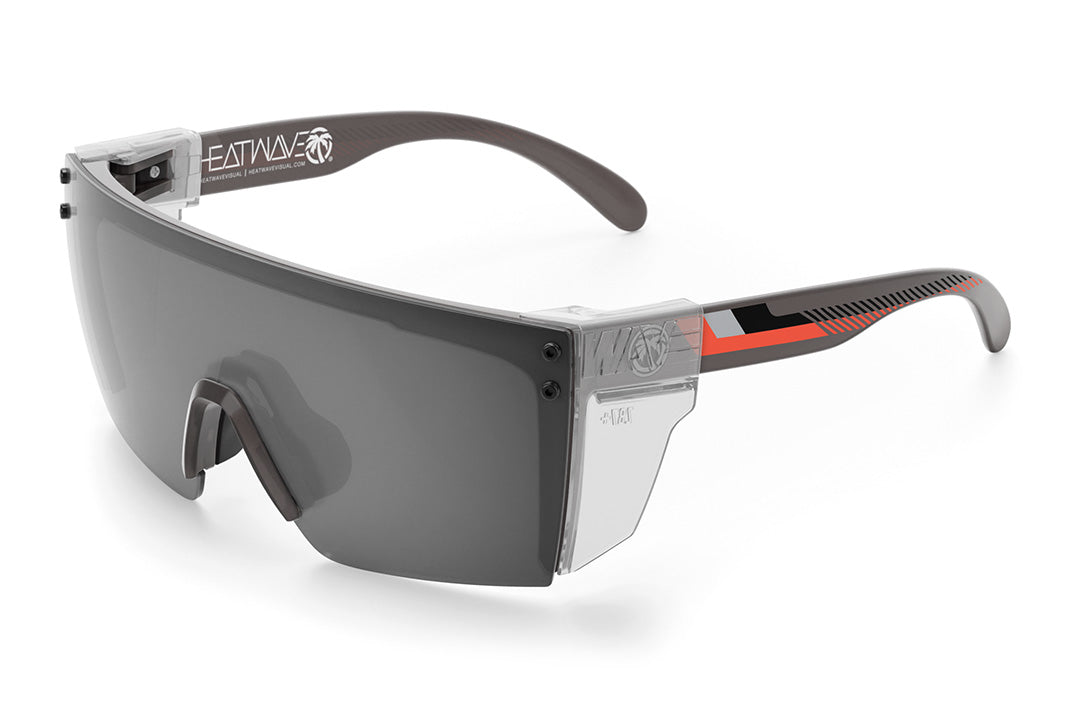 Heat Wave Visual Lazer Face Sunglasses with frosted smoke frame, ring ring arms, silver lens and clear side shields. 
