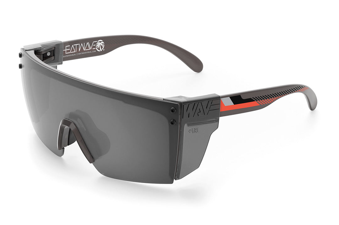 Heat Wave Visual Lazer Face Sunglasses with frosted smoke frame, ring ring arms, silver lens and smoke side shields. 