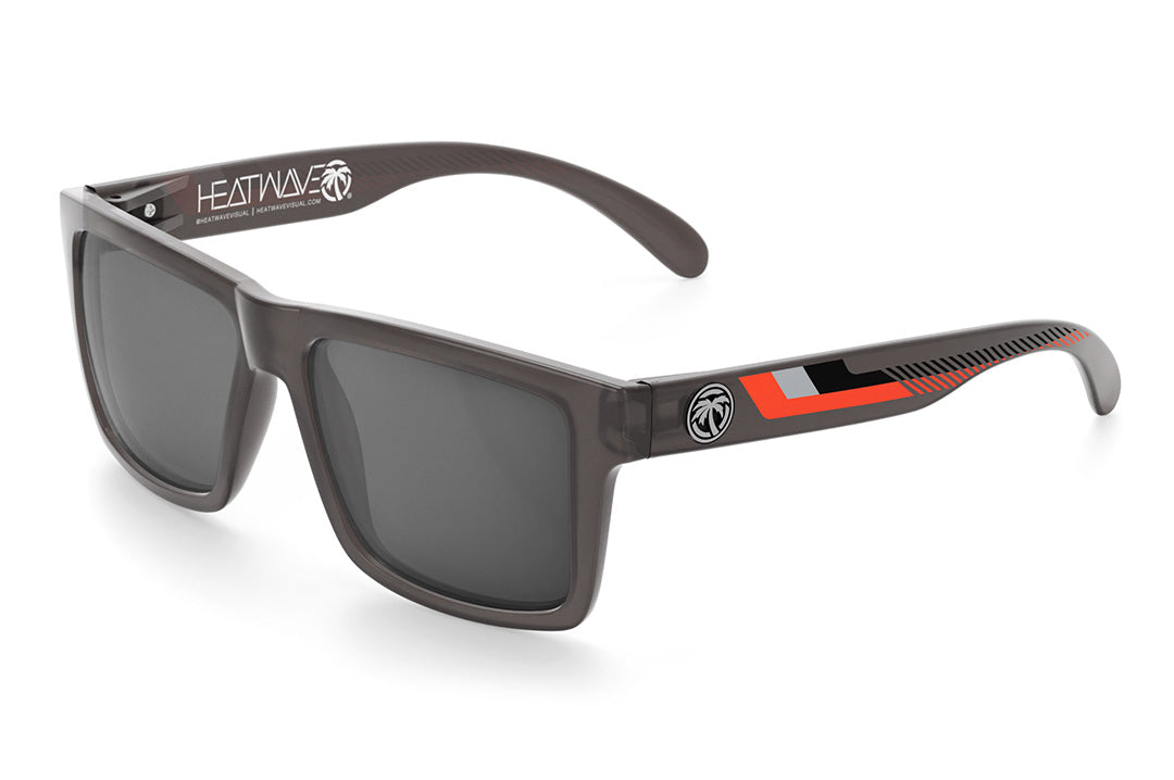 Heat Wave Visual Vise Z87 Sunglasses with frosted smoke frame, ring arm print and silver lenses.