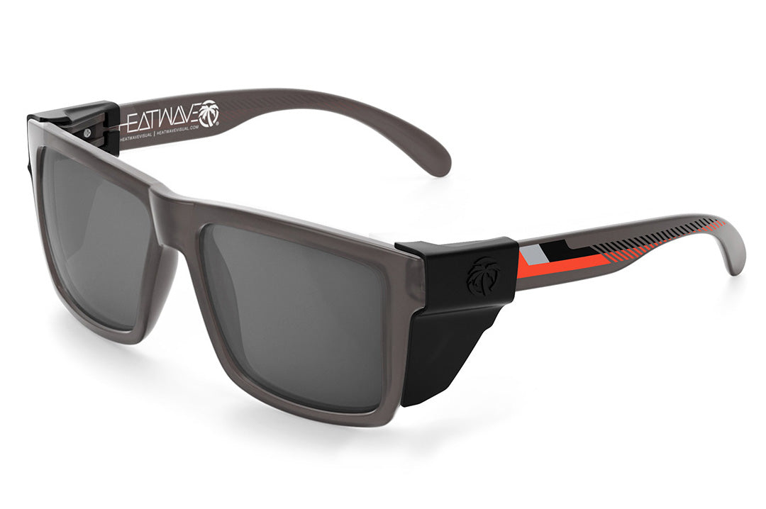Heat Wave Visual XL Vise Sunglasses with frosted smoke frame, ring print arms, silver lenses and black side shields. 