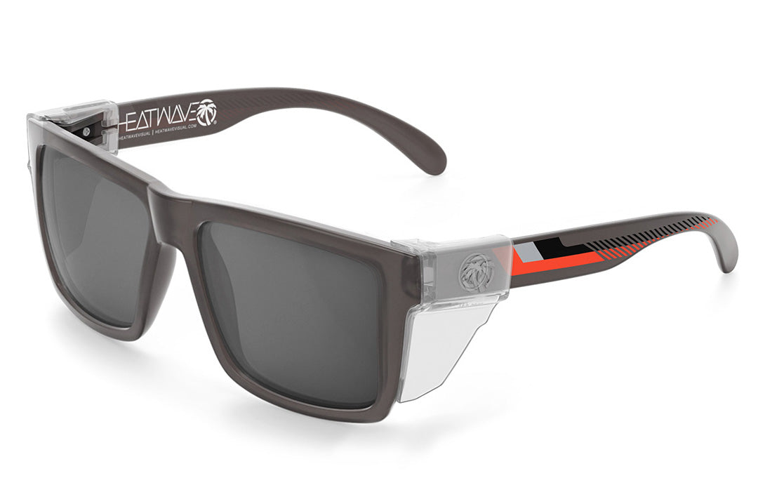 Heat Wave Visual XL Vise Sunglasses with frosted smoke frame, ring print arms, silver lenses and clear side shields. 
