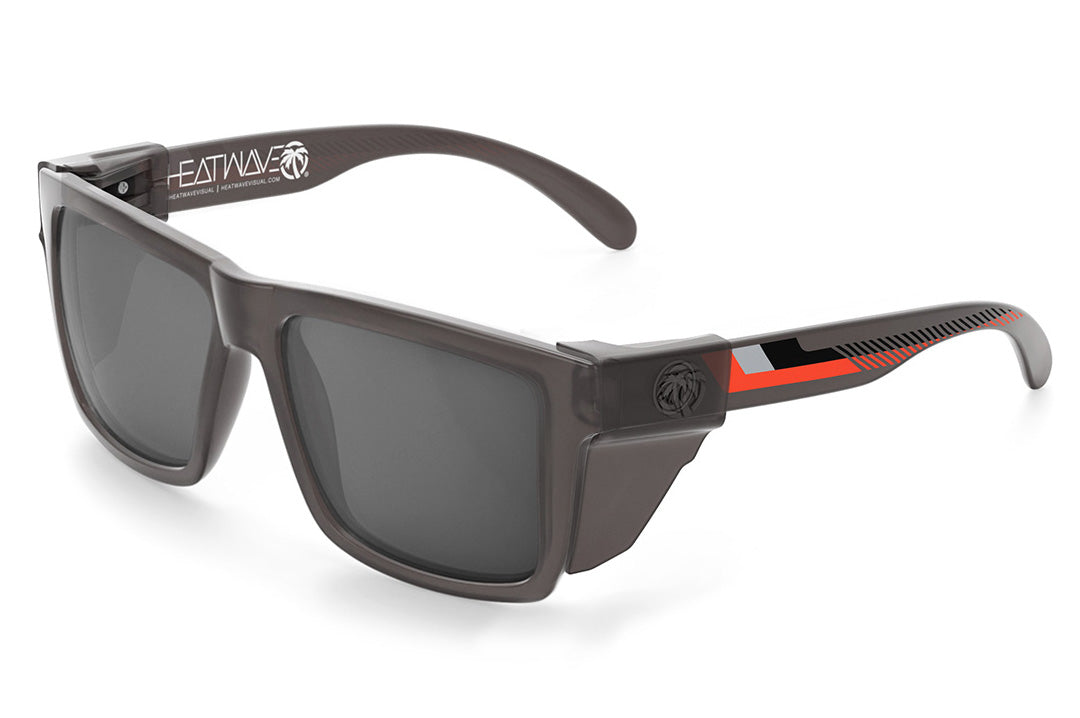 Heat Wave Visual XL Vise Sunglasses with frosted smoke frame, ring print arms, silver lenses and smoke side shields.