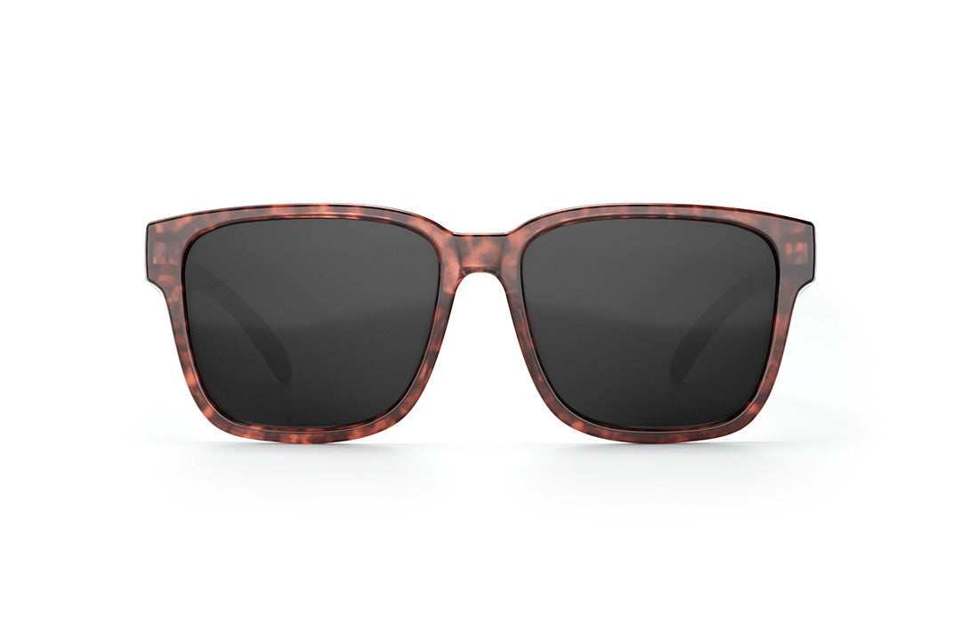 Front of Heat Wave Visual Apollo Sunglasses with tortoise brown frame and black lenses.