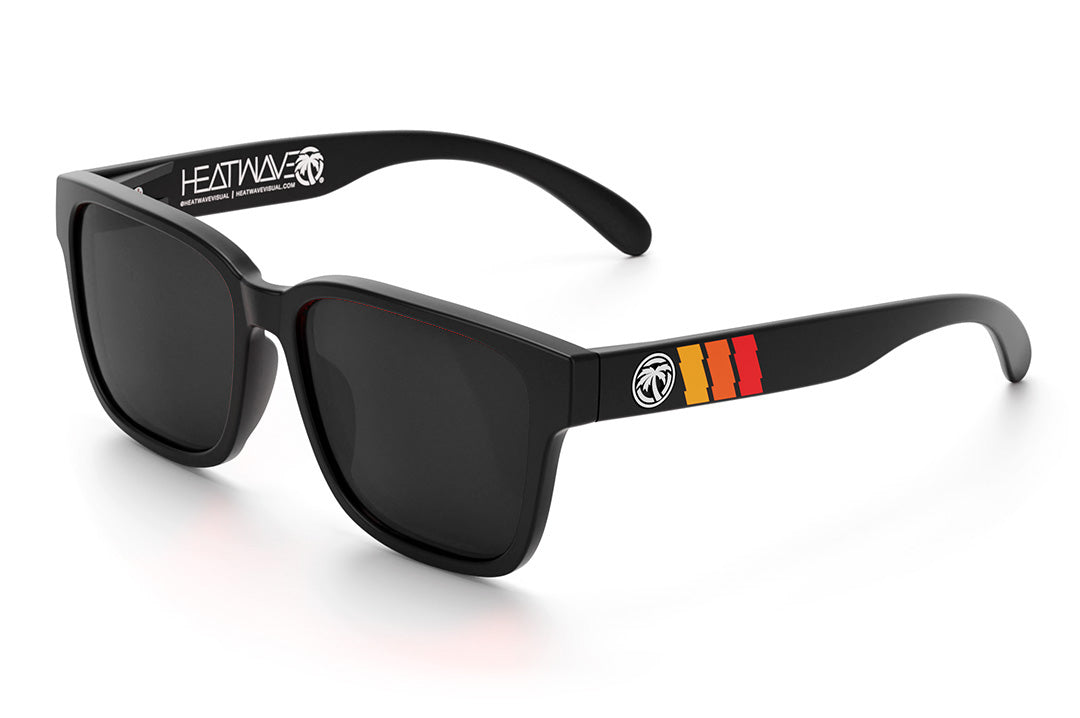 Heat Wave Visual Apollo Sunglasses with black frame, turbo striped print arms and black lens.