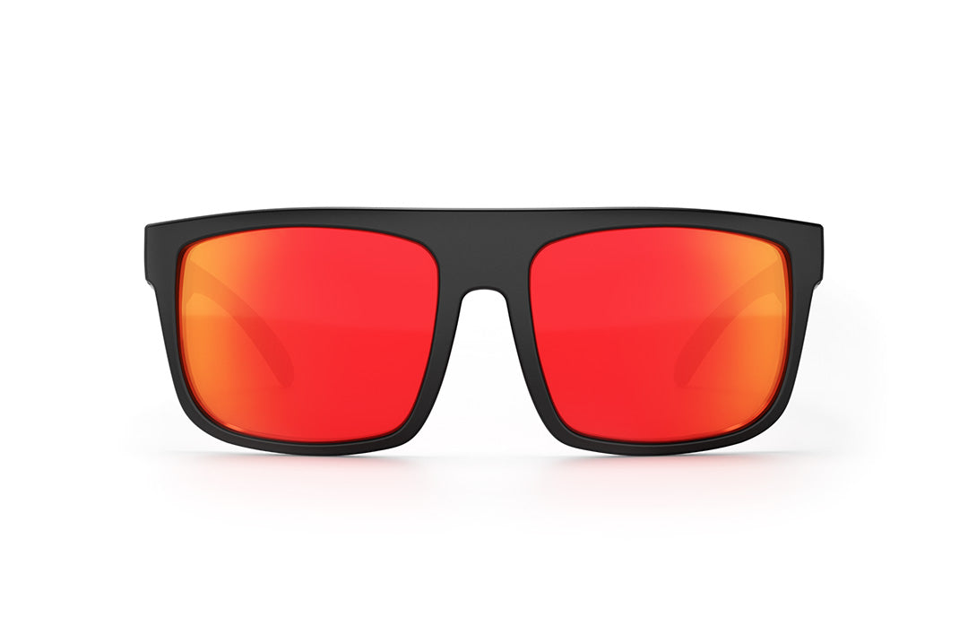 Front of Heat Wave Visual Regulator Sunglasses with black frame, striped turbo print arms and sunblast orange yellow lenses.