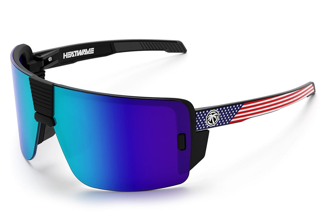 Heat Wave Visual Vector Sunglasses with black frame, USA arms and galaxy blue lens.