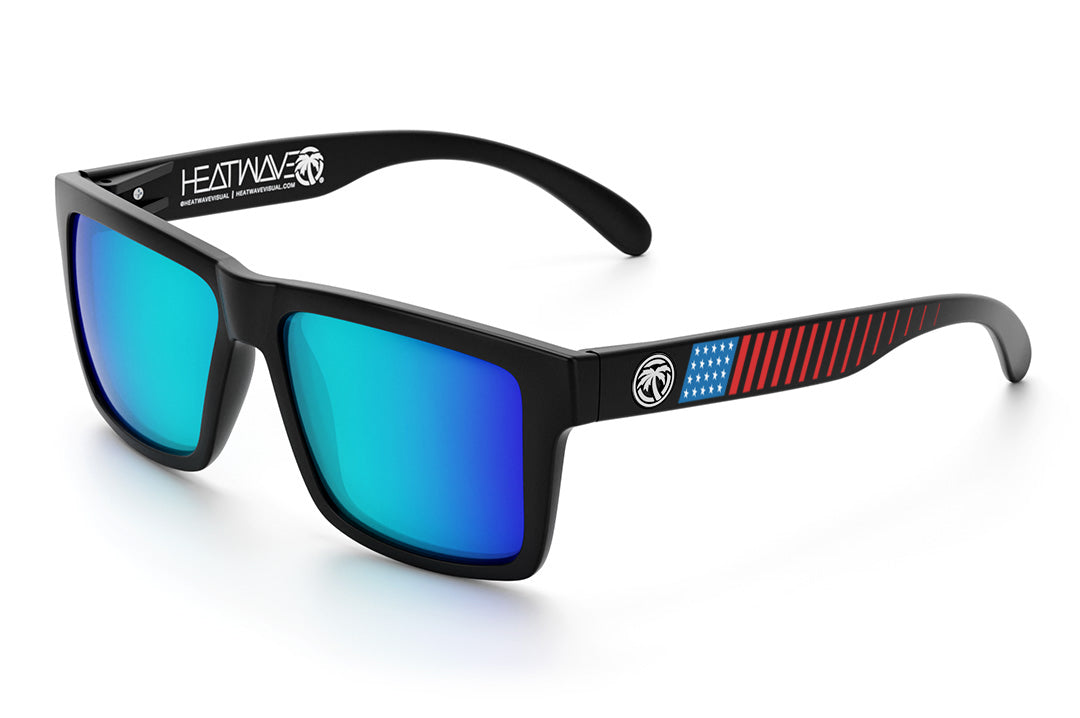 Heat Wave Visual Vise Sunglasses with black frame, unlimited freedom print arms and galaxy blue lenses.