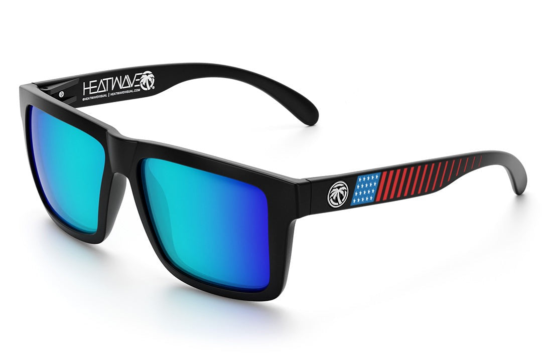 Heat Wave Visual XL Vise Sunglasses with black frame, unlimited freedom print arms and galaxy blue lenses.
