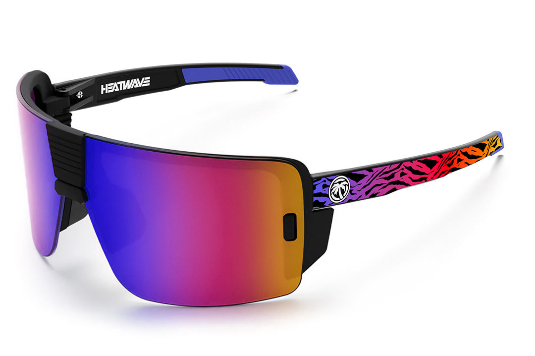 Heat Wave Visual Vector Sunglasses with black frame, neo safari print arms and atmosphere blue red lens.