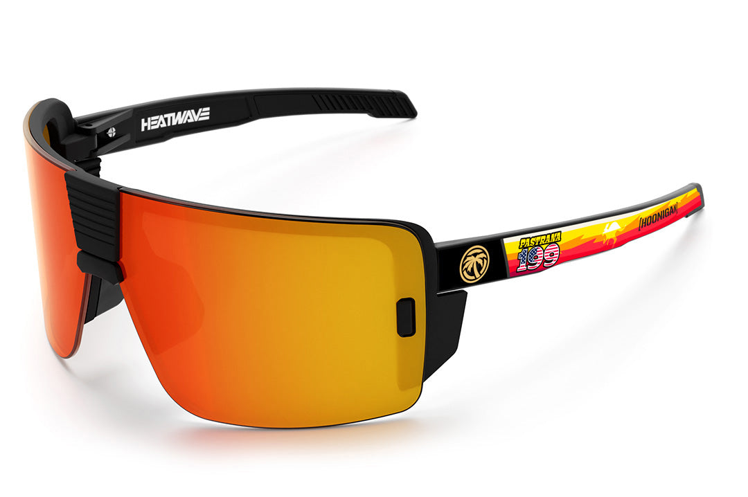 Heat Wave Visual Vector Sunglasses with black frame, Hoonigan Pastrana arms and sunblast orange yellow lenses.