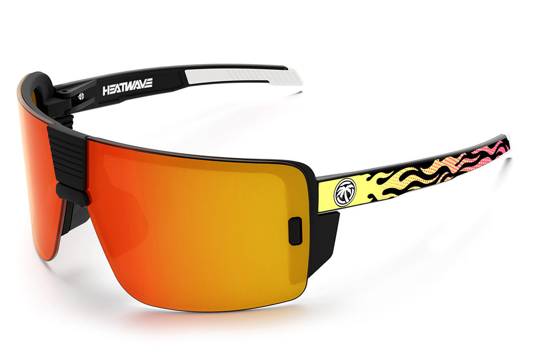 Heat Wave Visual Vector Sunglasses with black frame, tallboy flameout print arms and sunblast orang yellow lens.