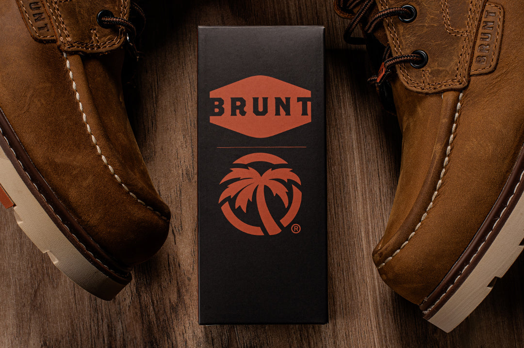 Heat Wave x Brunt Collab Future Tech Sunglasses Box Next to Brunt Leather Work Boots