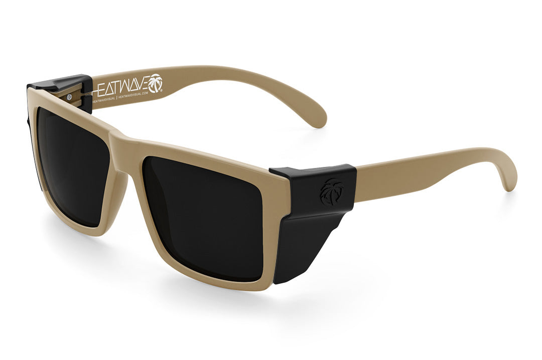 Heat Wave Visual Vise Sunglasses with desert tan frame, ultra black lenses and black side shields.