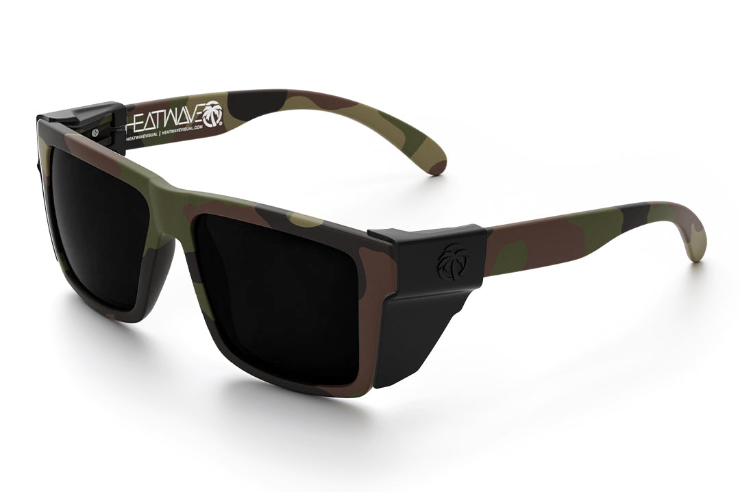 Heat Wave Visual Vise Z87 Sunglasses with fleck camo frame , ultra black lenses and green emblem, black side shield