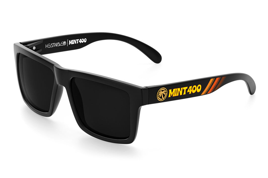 Heat Wave Visual Vise Sunglasses with black frame, mint 400 print arms and black lenses.