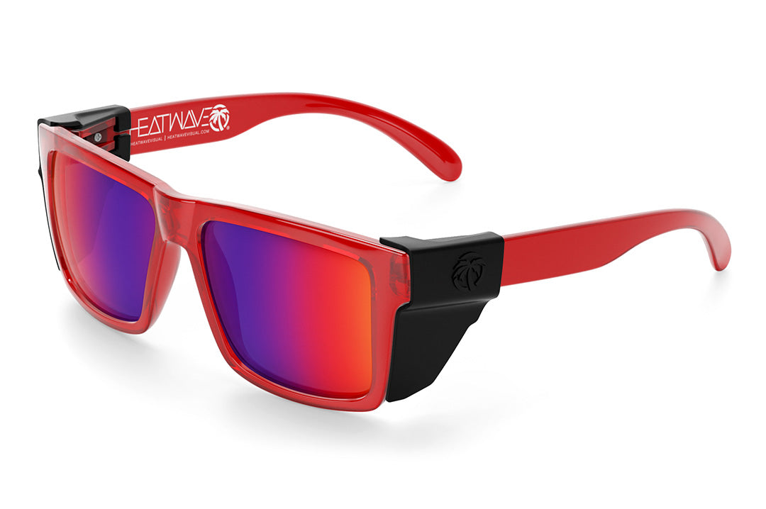 Heat Wave Visual Z87 Vise Sunglasses with neon red frame, atmosphere blue red lenses and black side shields.