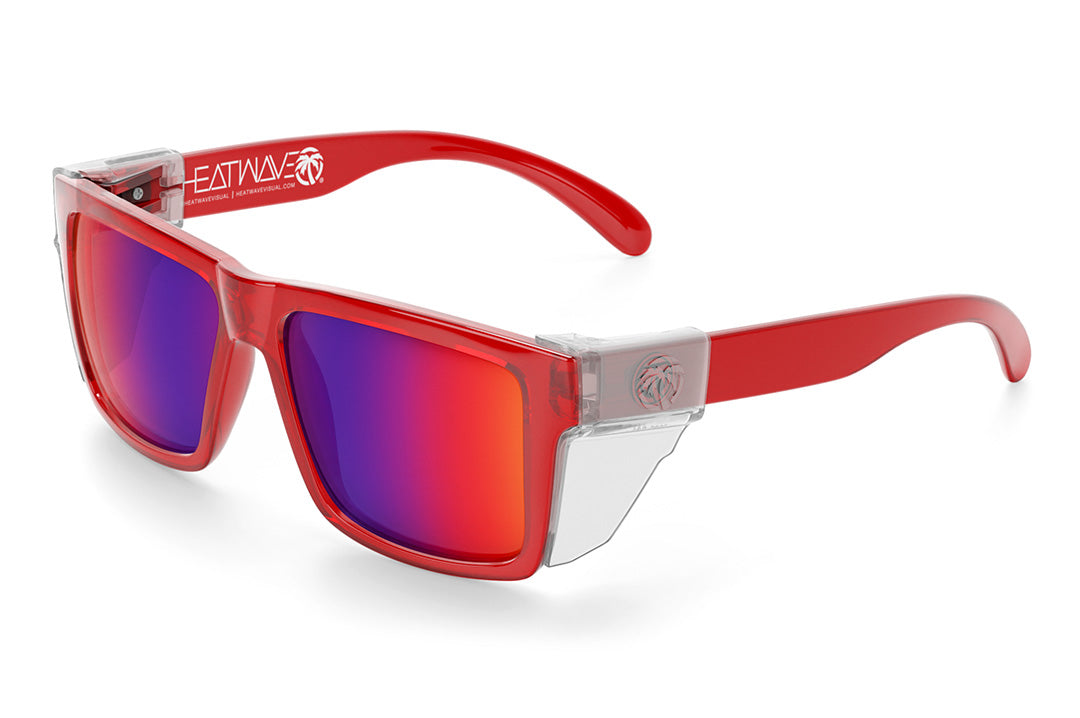 Heat Wave Visual Z87 Vise Sunglasses with neon red frame, atmosphere blue red lenses and clear side shields.